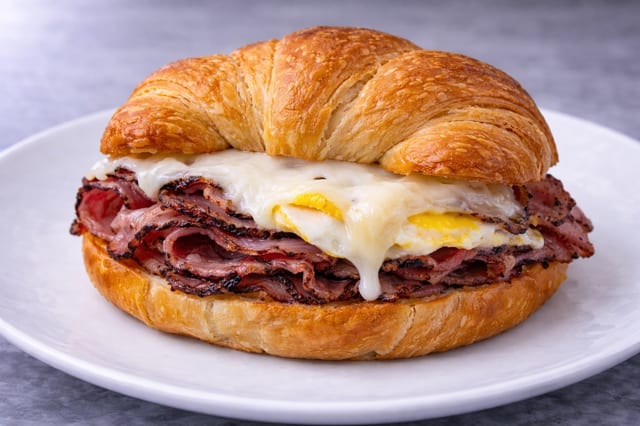 Pastrami, Egg and Swiss Sandwich.