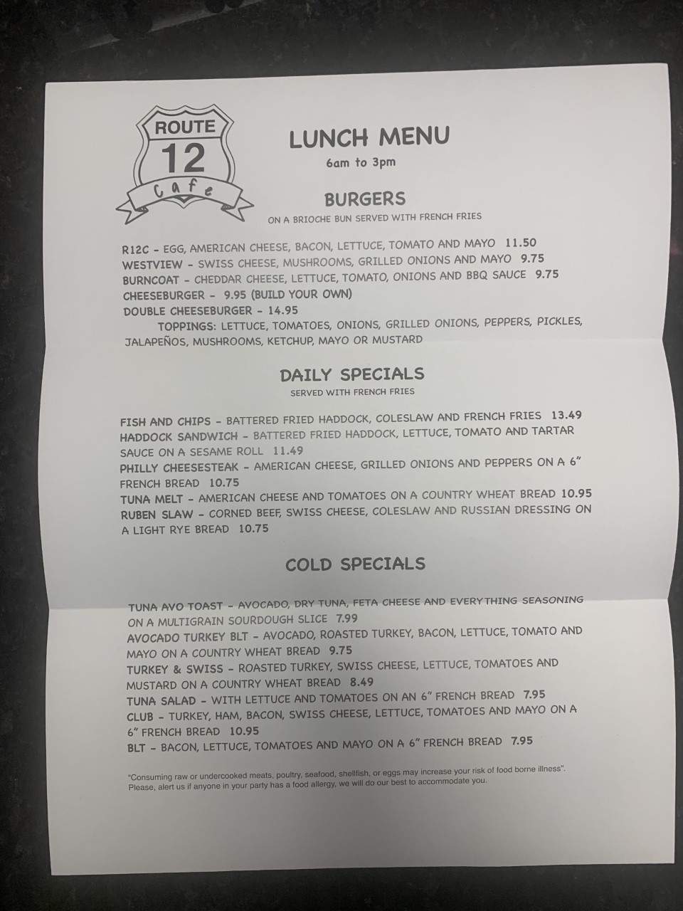 route 12 cafe menu